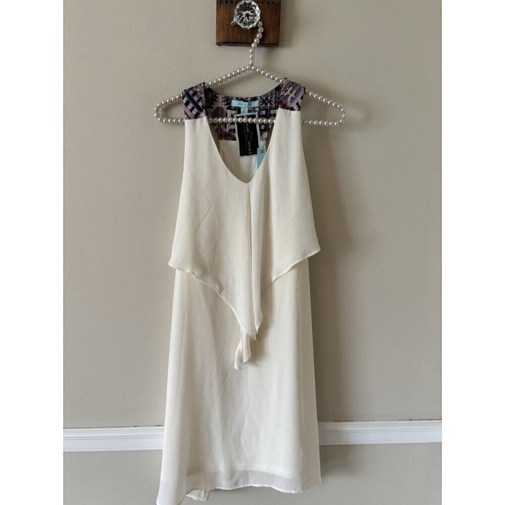 NWT She+Sky Womens Size L Silk Blend Sleeveless Shift Dress Ruffle Front